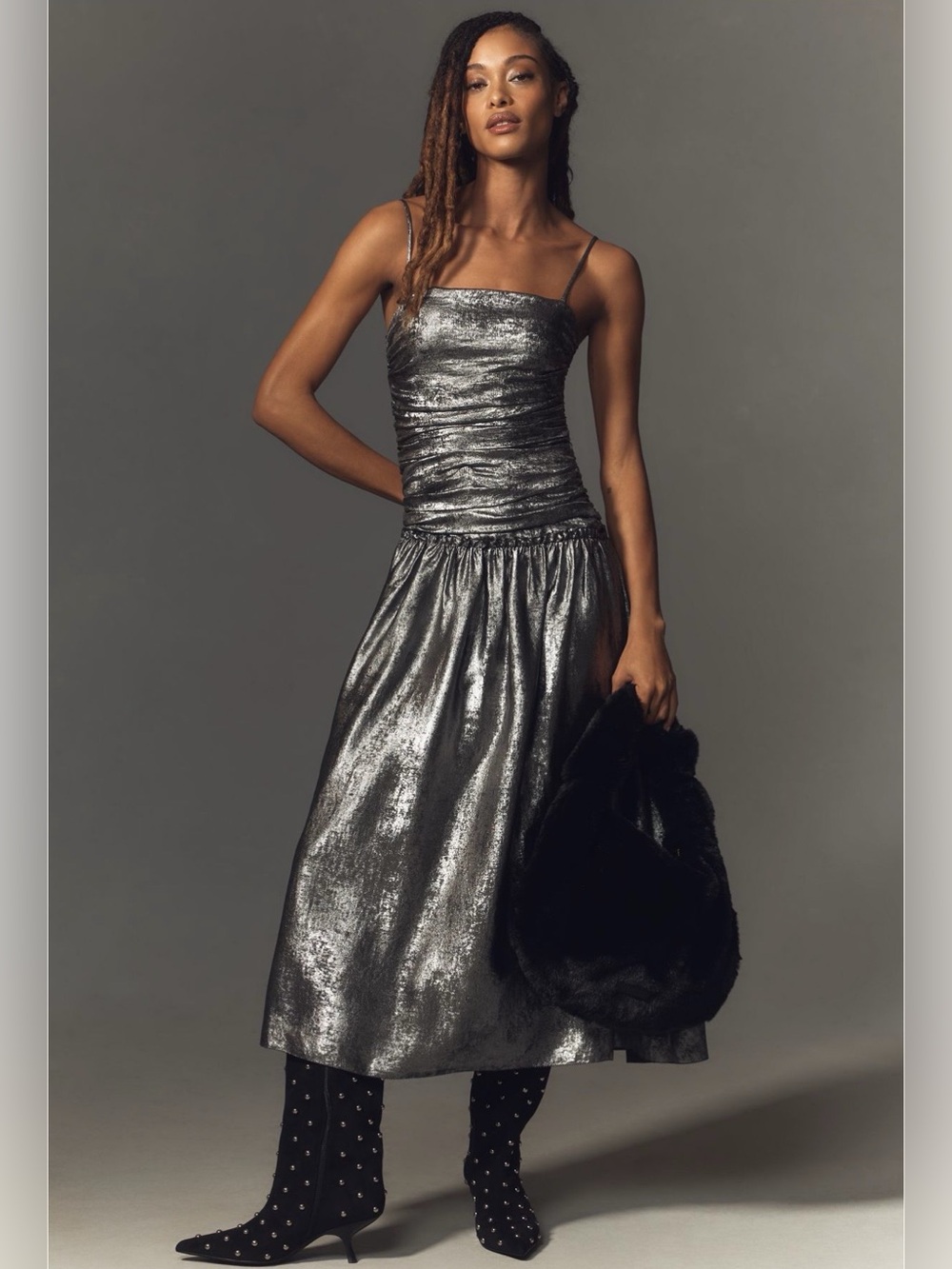 La Maise Studio Ruched Drop-Waist Foil Midi Dress